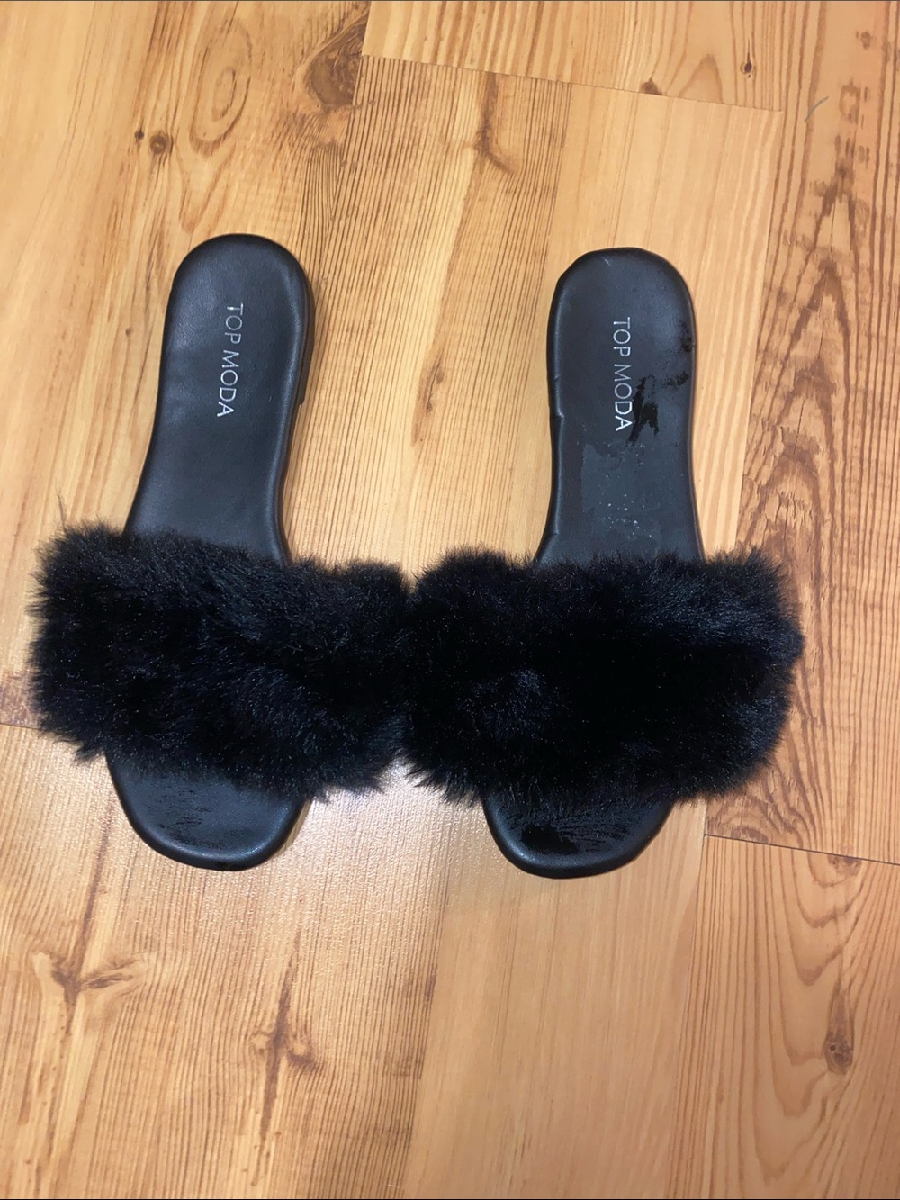 TOP Moda Black Faux Fur Slide Slippers for Women